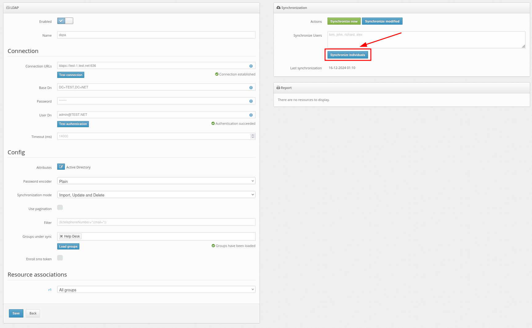 How to enable Protectimus on-premise platform users synchronization with your user directory - Synchronize individuals button