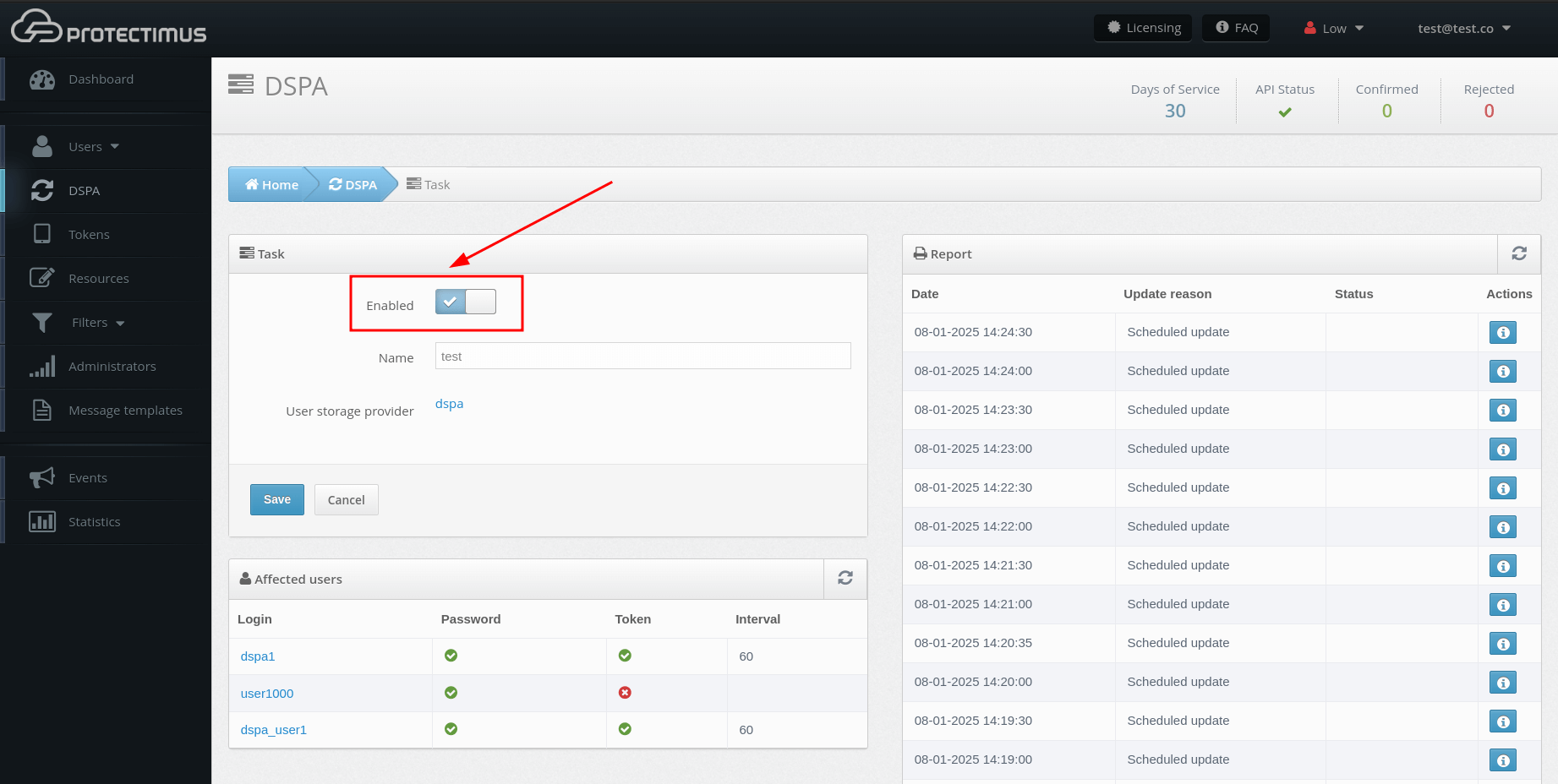 Protectimus DSPA setup - activate the Enabled parameter