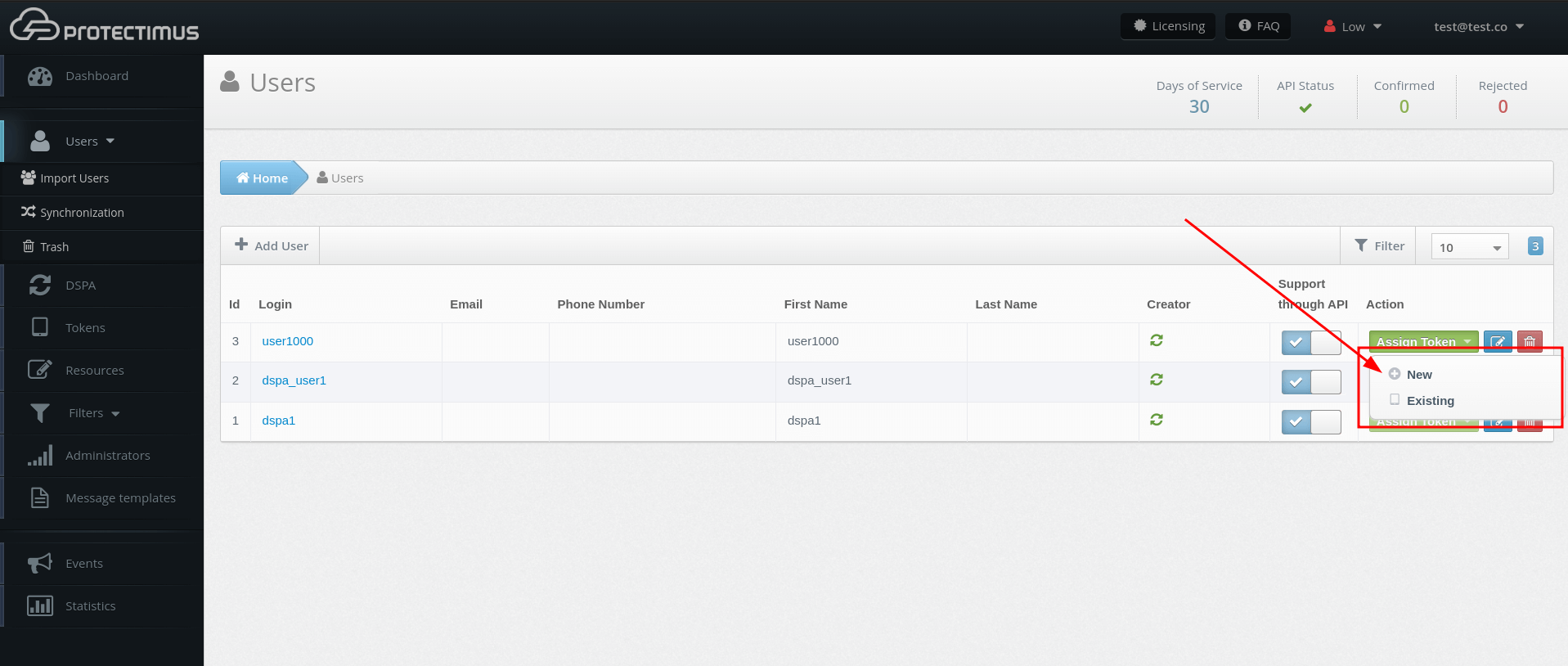 Protectimus DSPA setup - How to add users tokens manually - step 1