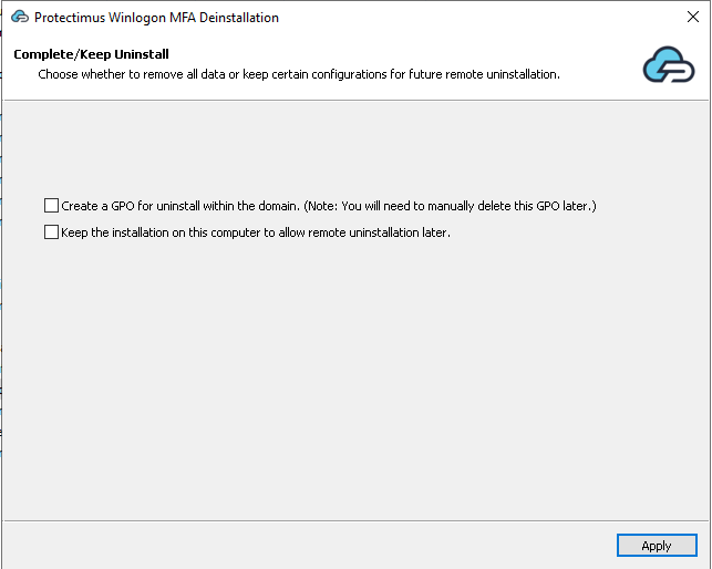 Protectimus Winlogon setup - Complete/Keep Uninstall window