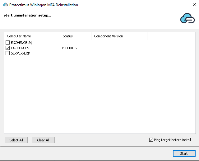 Protectimus Winlogon setup - Start uninstallation setup window